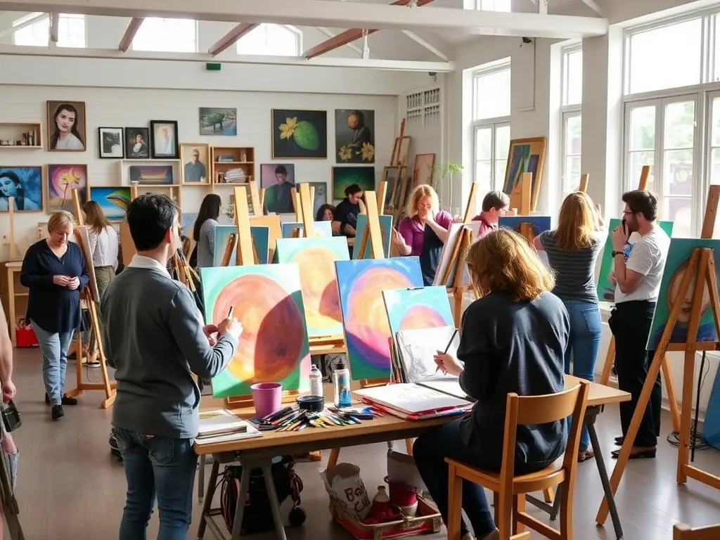 A dynamic image of an art class in progress, with participants painting on canvases, guided by an instructor. The studio is filled with easels, paintbrushes, and colorful artworks, creating an inspiring and creative environment.
