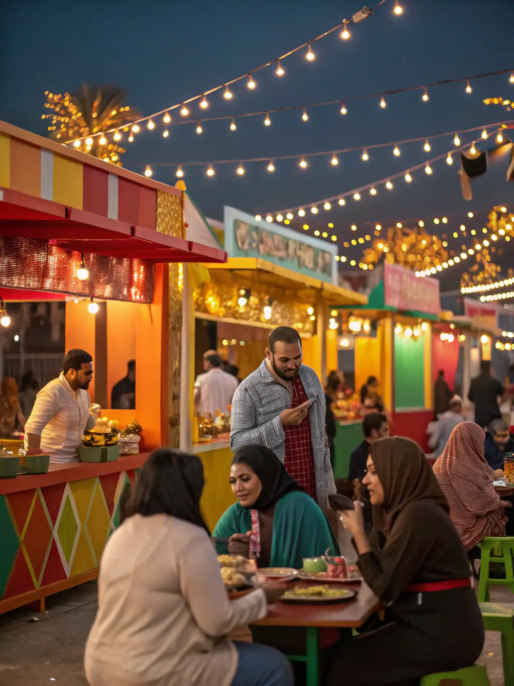A lively image of a community festival with music, food stalls, and people of all ages enjoying themselves, celebrating culture and community at ASS CULTURE ET LOISIRS.