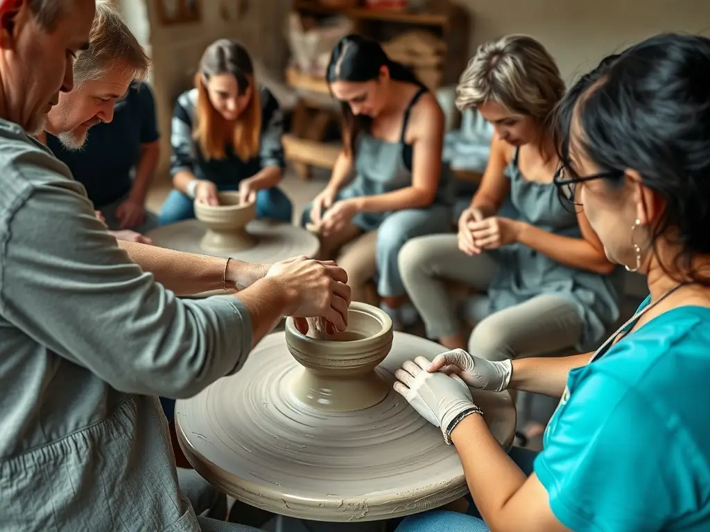 A group of adults and children are enthusiastically participating in a pottery workshop, their hands covered in clay as they mold various shapes. The setting is a bright, airy studio filled with natural light, showcasing a range of finished pottery pieces on shelves in the background.