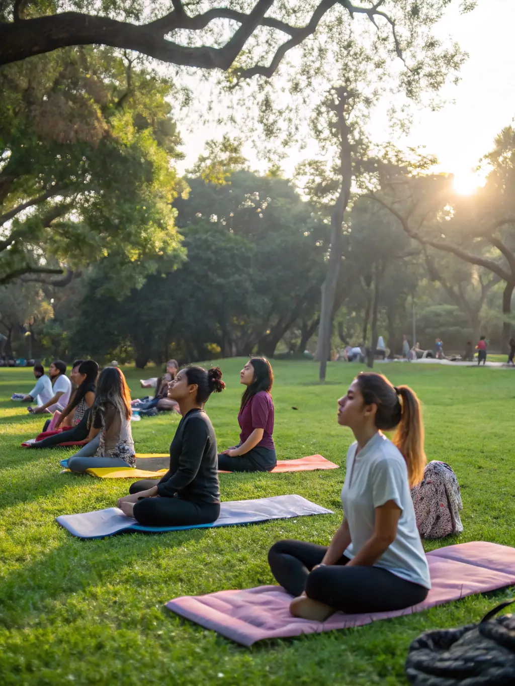 A serene image of participants practicing yoga in a park, surrounded by nature, promoting wellness and relaxation at ASS CULTURE ET LOISIRS.