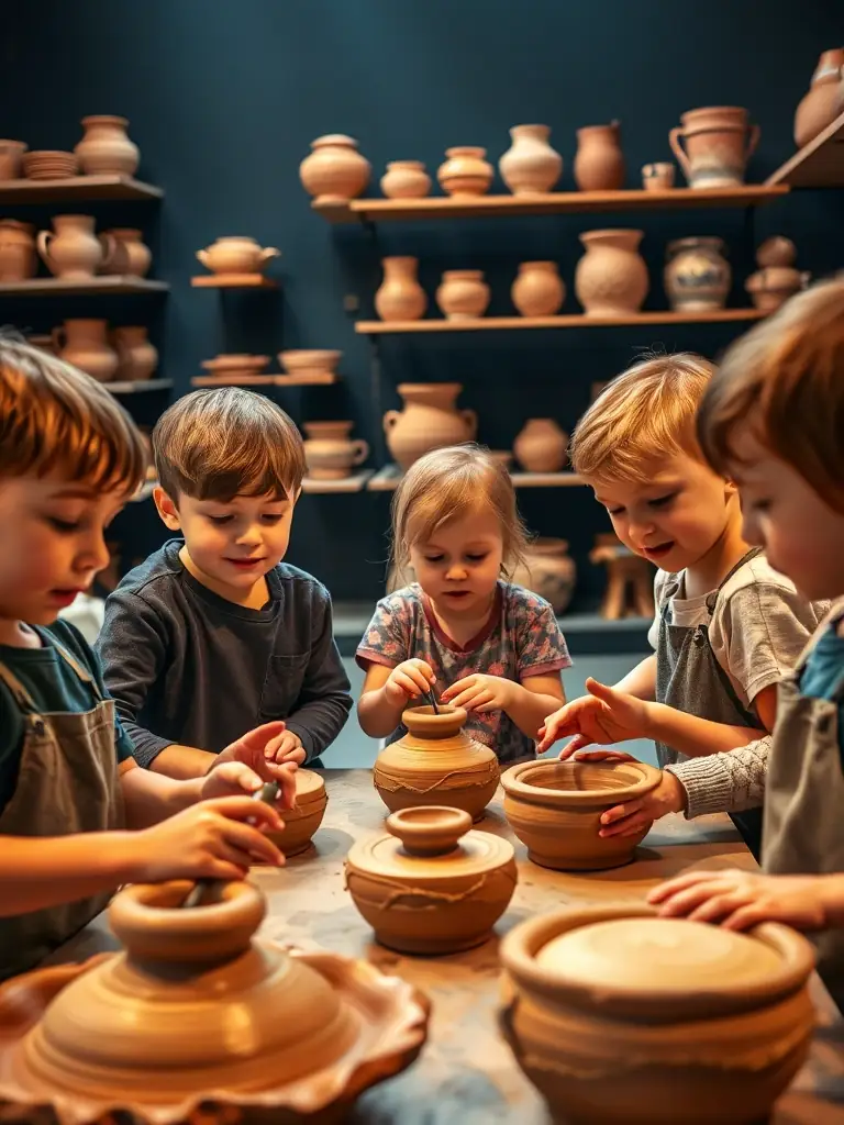 A vibrant image of children participating in a pottery workshop, their hands covered in clay, showcasing creativity and engagement at ASS CULTURE ET LOISIRS.