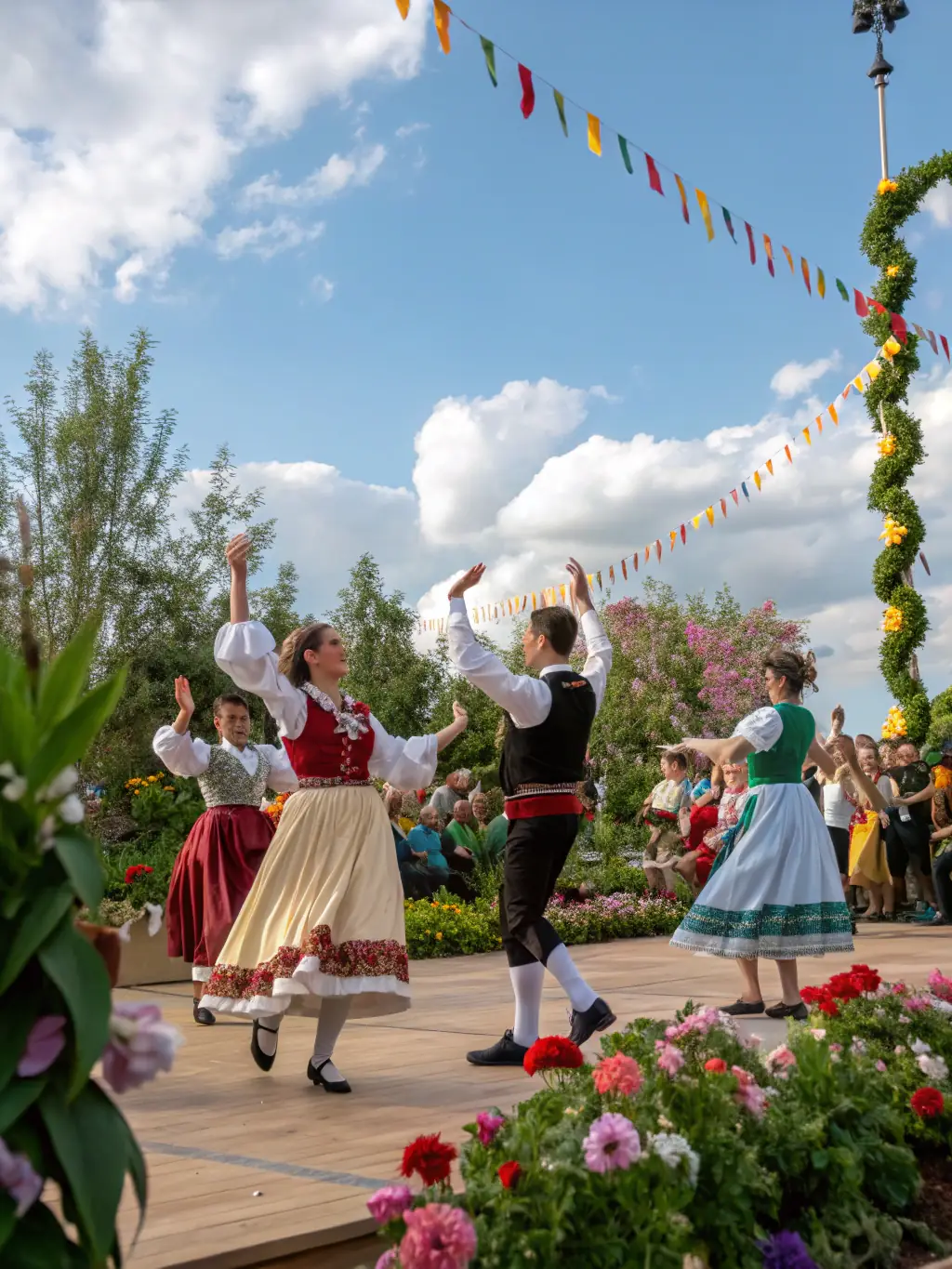 A vibrant photo of community members participating in a local dance workshop outdoors, with colorful banners and smiling faces.