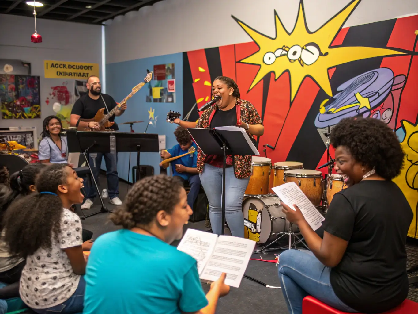 A vibrant scene from a music workshop, featuring participants of all ages playing various instruments like guitars, drums, and keyboards. The room is filled with colorful decorations and musical notes, creating a lively and engaging atmosphere.